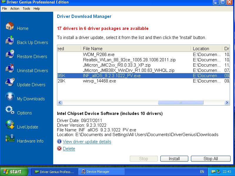 Driver list. Intel(r) Chipset device software.